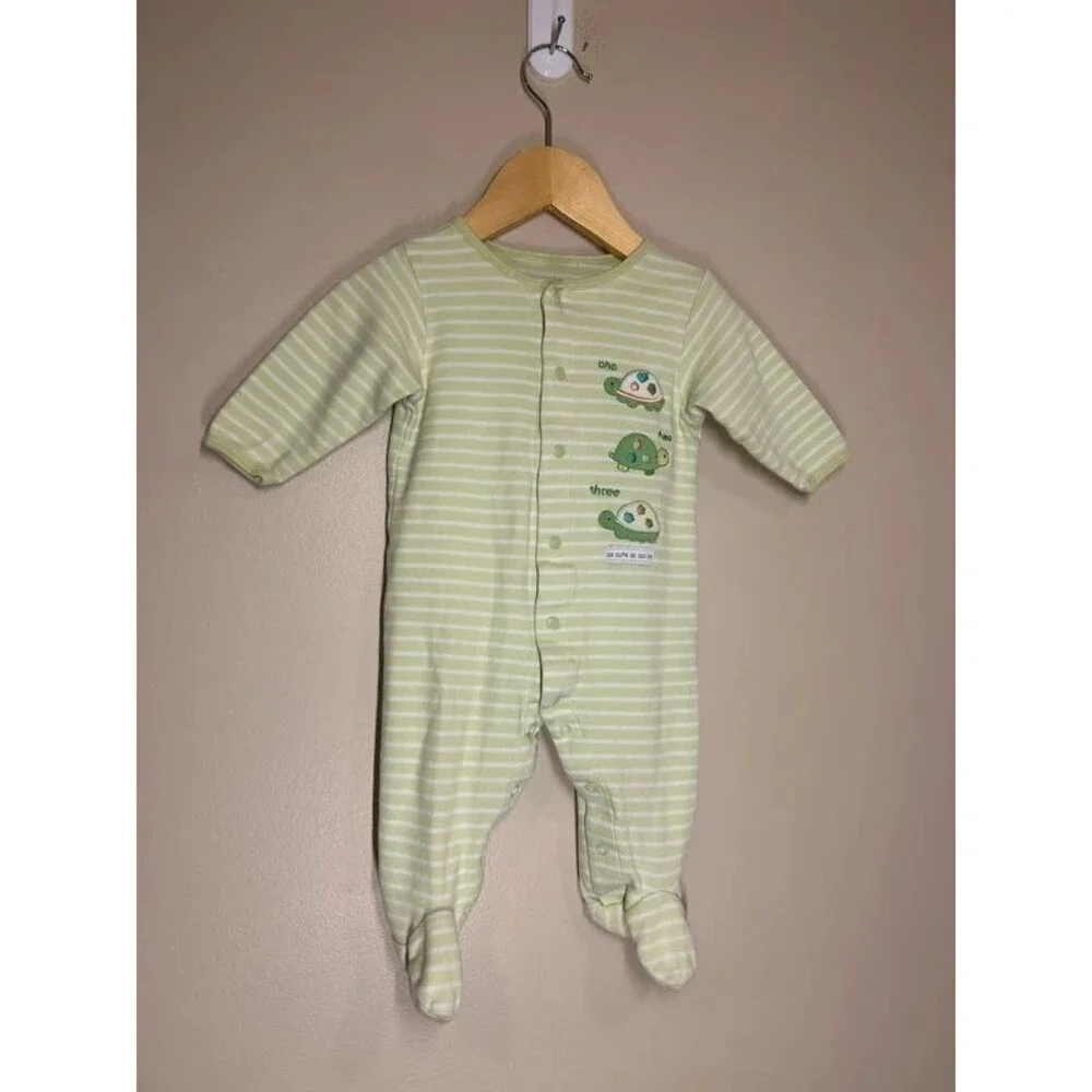 Carter's 6M Baby Boy Green White Striped Turtle Snap Sleeper Pajamas
